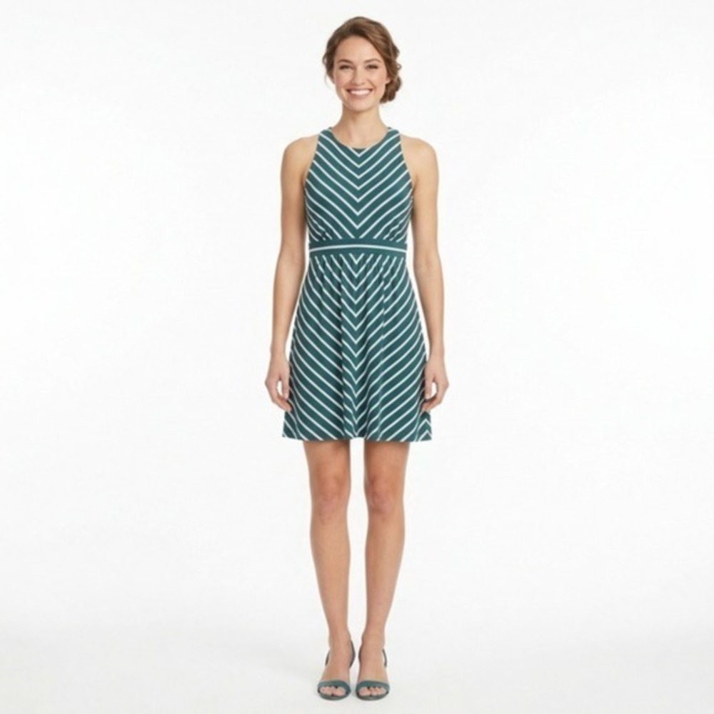 LOFT Womens Teal Green‎ White Chevron Stripe Sleeveless Fit Flare Dress XS